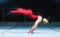 Gymnast, handstand and man on gym floor for training, balance and wellness with muscle, strong body and night