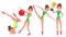 Gymnastics Female Player Vector. Gymnastic Tape, Hoop, Mace. Slim. Dance. In Action. Cartoon Character Illustration