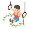 Gymnastics icon isometric vector. Male gymnast on still ring and green branch