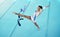 Gymnastics, woman is dancing with ribbon and performance, flexibility with professional athlete in gym and top view
