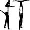 Gymnasts acrobats vector black silhouette on black background. Gymnasts acrobats vector