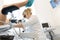 A gynecologist examines a patient on a gynecological chair. Workflow of a gynecologist