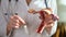 Gynecologist holds human uterus model and tampon in clinic