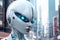 gynoid, a humanoid female android hybrid robot with a female face in a plastic helmet on the background of a futuristic city