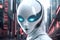 gynoid, a humanoid female android hybrid robot with a female face in a plastic helmet on the background of a futuristic city