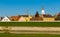 Gyor buildings on bank of Raba river