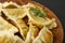 Gyoza Chinese Dumplings on Wood Plate, Fried Vegetable Jiaozi Macro, Chicken Momo Pile, Asian Gyoza Closeup