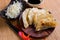 Gyoza dumplings on mini wooden dish, popular japanese food