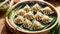 Gyoza dumplings steamed organic dinner fresh bamboo steamer, bamboo traditional dough meat cuisine