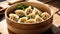 Gyoza dumplings steamed organic oriental dinner fresh bamboo steamer, bamboo traditional dough meat cuisine