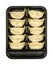 Gyoza, Japanese dumplings, uncooked and filled, in black plastic tray