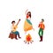 Gypsies or Romani people playing guitar and dancing flat vector illustration isolated.