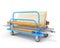 Gypsum boards, metal profiles, wooden planks and profiles are stacked and loaded on a blue trolley for long loads, isolated on