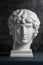 Gypsum copy of ancient statue Antinous head on dark textured background. Plaster sculpture man face.