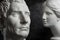 Gypsum copy of ancient statue Augustus and Venus head on dark textured background. Plaster sculpture mans face.