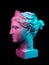 Gypsum copy of ancient statue Diana head isolated on black background. Plaster sculpture woman face.