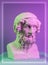 Gypsum copy of ancient statue Homer head on a purple background. Plaster sculpture man face.