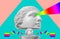 Gypsum head antique sculpture on a colorful retro vaporwave background. Contemporary art collage.