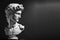 Gypsum statue of David`s head, AI generated image, Michelangelo`s David statue plaster copy on dark background. Ancient greek