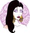 Gypsy indian pretty girl dark hair with earrings and oriental background - Vector fashion illustration