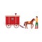 Gypsy vardo trotting wagon with brown horse and groom