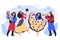 Gypsy women dancing in fluffy long dress and with tambourine, vector Romany men playing guitar, violin and singing