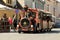 HAAPSALU, ESTONIA - JULY 16, 2016. Old retro working locomotive train with people inside, American Beauty Car Show 2016.