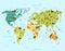 Habitat animals on world map clipart. Green topographic continents with ocean and tropical northern mammals.