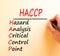 HACCP symbol. Concept words HACCP hazard analysis critical control point on white paper. Beautiful brown background. Business