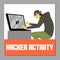 Hacker activity banner with hacker cracked pc password, flat vector illustration.