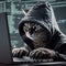 A hacker cat wearing a hoodie hacking on a laptop. Created with Generative AI