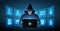 Hacker. Cyber criminal with laptop and related icons behind it. Cyber crime, hacker activity, ddos attack, digital