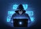 Hacker. Cyber criminal with laptop and related icons behind it. Cyber crime, hacker activity, ddos attack, digital