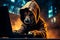 Hacker dog wearing a hoodie, sitting in front of a computer keyboard with a determined look in its eyes. Ai generated