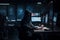 Hacker dressed in a hoodie, sitting in a dark room surrounded by monitors, coding malicious software. Ai generated