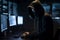 Hacker dressed in a hoodie, sitting in a dark room surrounded by monitors, coding malicious software. Ai generated