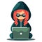 hacker girl character with masked laptop and red hair.