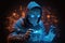 Hacker in hood stealing data concept on dark background with city lights