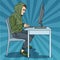 Hacker Hooded Man Stealing Information from Computer. Cyber Crime. Pop Art retro illustration