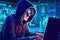 Hacker in hoodie breaking into data server dark theme