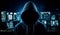 Hacker in hoodie dark theme cybersecurity vulnerability. Generative Ai