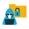 Hacker with laptop and folder isolated icon