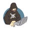 Hacker on laptop icon, cartoon criminal sign, vector illustration