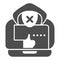 Hacker with a laptop solid icon, web security concept, anonymous agent with thumb up and laptop sign on white background