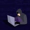 A hacker with a laptop. Web crime with password hacking and identity theft, software bugs, viruses and spam. The concept