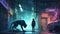 A hacker in a neon-lit alley with a robotic panther. Fantasy concept , Illustration painting