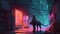 A hacker in a neon-lit alley with a robotic panther. Fantasy concept , Illustration painting