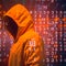 Hacker in an orange hood. Genius of the computer world. Numbers and Matrix