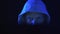 A hacker programmer, at night at a laptop computer, creates virus hacking programs. In the dark blue light.