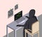 A hacker sits at a desktop and breaks into someone s data. Work table in isometric view, interior of a hacker s desktop